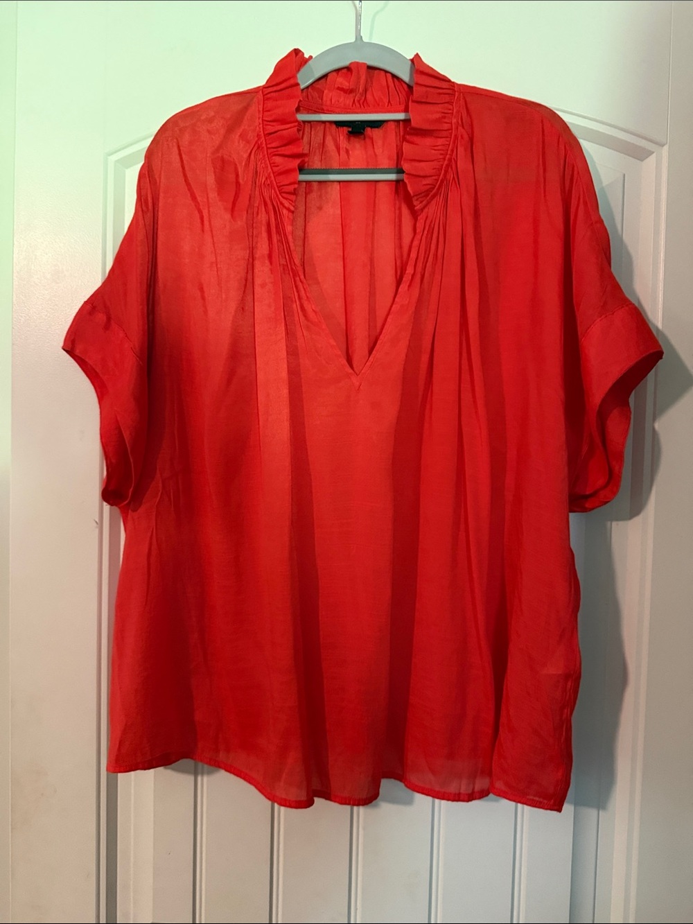 Banana Republic Bright Coral Red Ruffle-Trim V-Neck Blouse